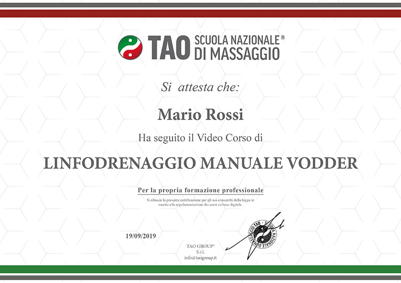 attestato demo del video corso di linfodrenaggio manuale vodder